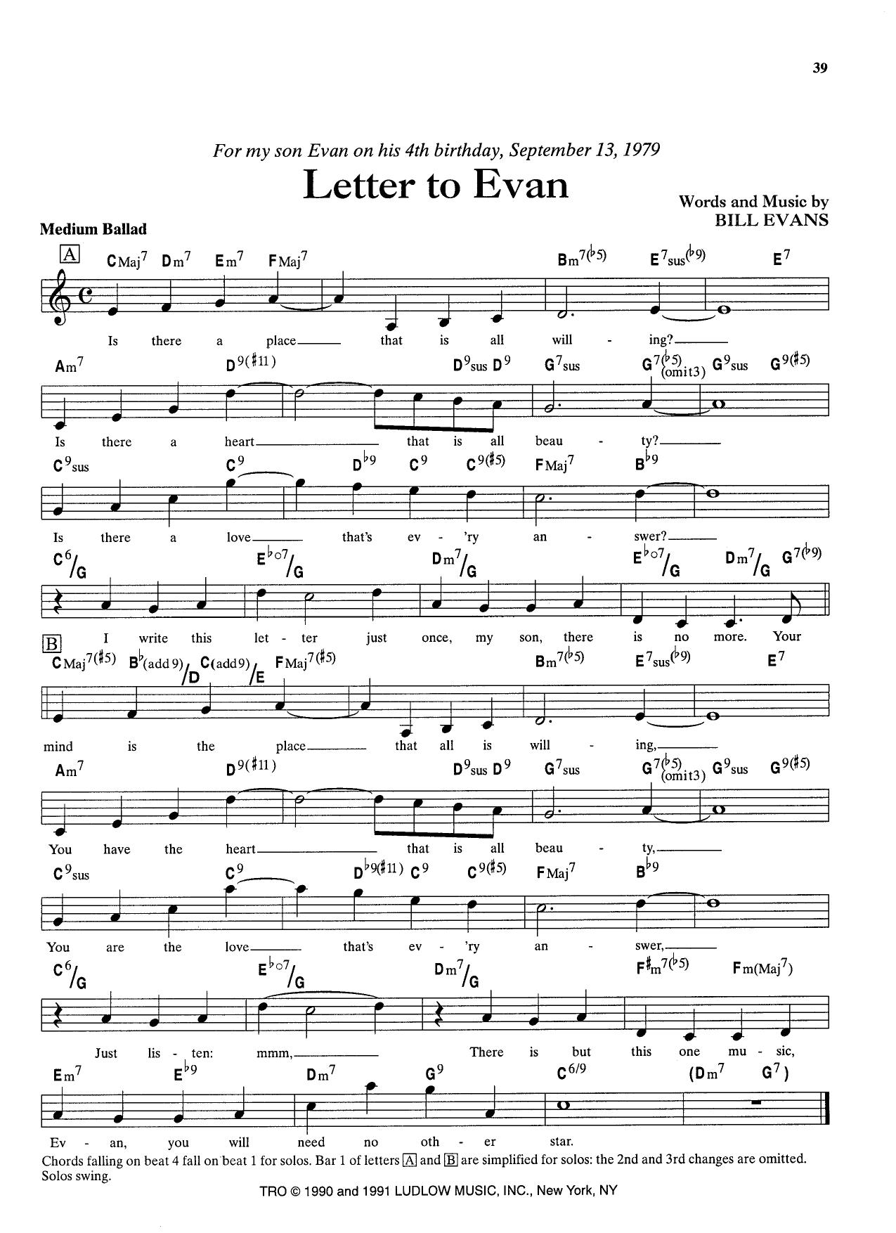 Letter To Evan — Bill Evans Letter To Evan — Bill Evans