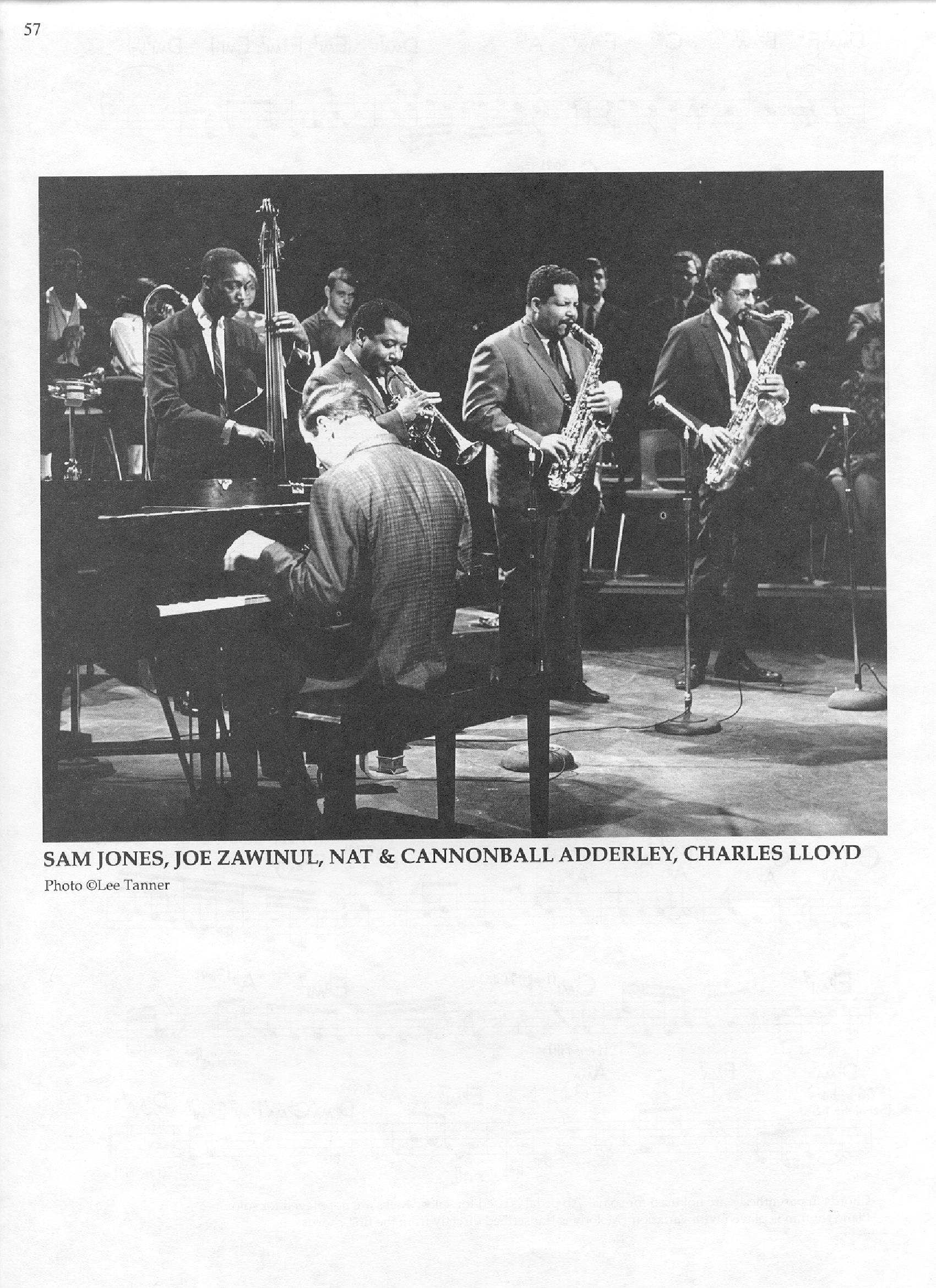 Photo of musicians — Sam Jones, Joe Zawinul, Nat & Cannonball Adderley, Charles Lloyd Photo of musicians — Sam Jones, Joe Zawinul, Nat & Cannonball Adderley, Charles Lloyd
